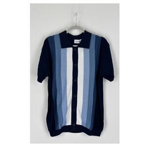 Oxknit Mens 60s Vertical Stripe Short Sleeve Knit Button Polo Mens XL Blue New